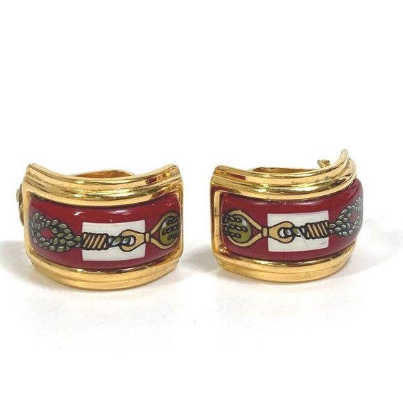 HERMES Cloisonne Email/Accessories Vintage/Earrings Gold Plated Red x Gold - Picture 1 of 9